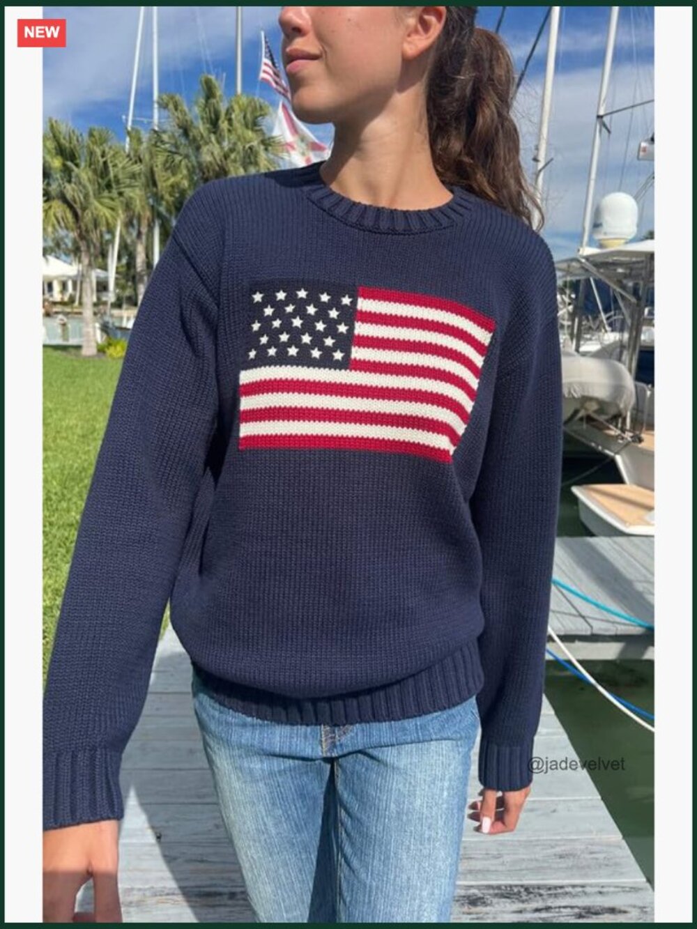 American Flag Crew Neck Sweater - Long Sleeve Loose Knit Pullover Top - Picture 2 of 7